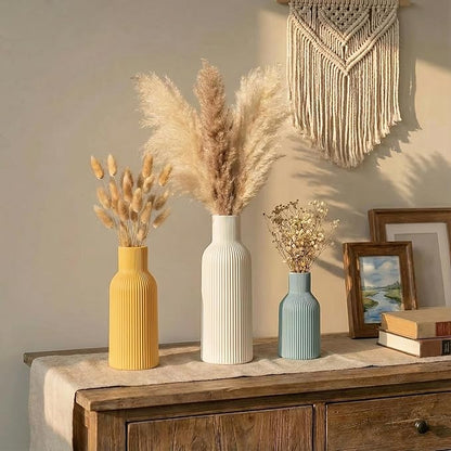 Colorful Ceramic Flower Vases Set of 3, Matte Vertical Ribbed,Minimalist for Pampas, Dried & Fresh Flowers, Centerpiece for Living Room, Shelf, Entryway, Wedding (White, Yellow, Blue)