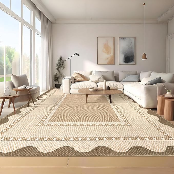 GarveeHome Modern Neutral 9x12 Area Rug Large Washable Rugs for Living Room, Low Pile Non Slip Stain-Resistant Soft Carpet, Contemporary Border Pattern Floor Mats for Home Decor, Linen Color