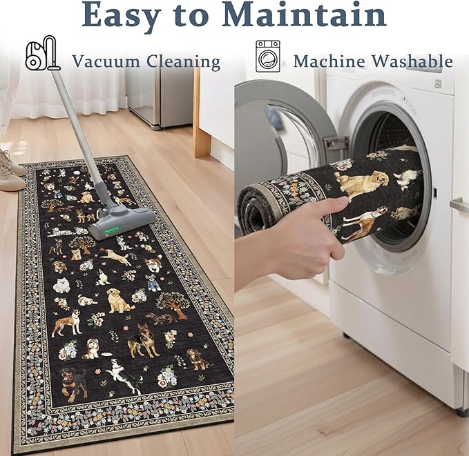 Black Floral Dog Rug for Entryway, 2x3 Washable Kitchen Mat Ultra-Thin Soft, Non-Slip Indoor Door Carpet Stain Resistant Boho Small Low-Pile Throw for Bathroom Bedroom (2 x 3, Black)