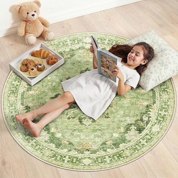 RELEANY Area Rugs Round 4ft Washable Non-Slip, Floral Vintage Distress Print Pattern Medallion Carpet for Living Room Bedroom Dining Room, Sage Green Yellow