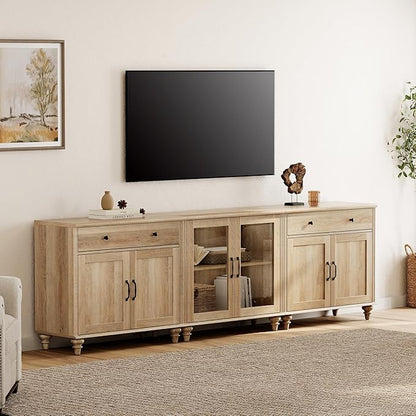 WAMPAT Farmhouse TV Stand for 100 Inch TV, 3-in-1 TV Console Table for 75/80/85/90 Inch TV, Entertainment Center with Glass & Wood Door, Kitchen Sideboard Buffet Cabinet for Dining Room, Oak