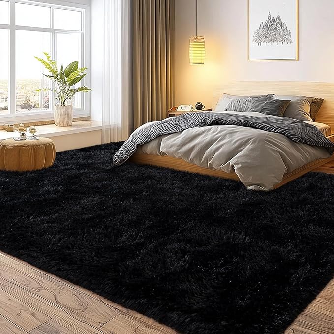qulint Black Rug for Living Room, 10x14 Area Rug for Bedroom Soft Fluffy Large Carpet, Shag Shaggy Modern Alfombra para Sala for Boys and Girls Dorm Classroom Office Home Decor (10ft x 14ft, Black)