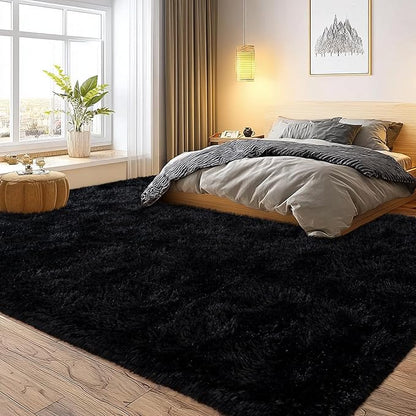 qulint Black Rug for Living Room, 10x14 Area Rug for Bedroom Soft Fluffy Large Carpet, Shag Shaggy Modern Alfombra para Sala for Boys and Girls Dorm Classroom Office Home Decor (10ft x 14ft, Black)