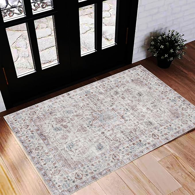 CHAMPLANT Washable Area Rug 2'x3' Door Mat Vintage Distressed Doormat Indoor Entrance Traditional Thin Rug Floral Print Non Slip Carpet for Kitchen Bathroom Bedroom Living Room