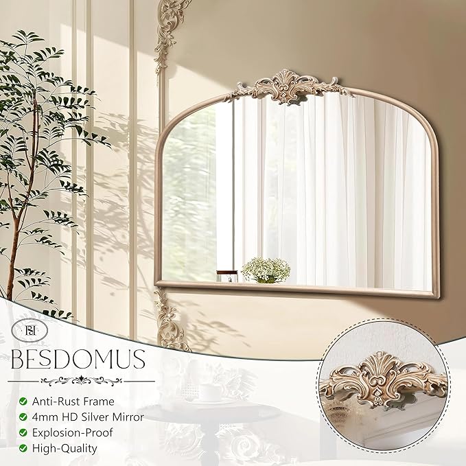 Besdomus Arched Vintage Gold Mirror: 32"x24" French Large Champagne Gold Antique Wall Mounted Mirror - Baroque Traditional Ornate for Fireplace/Bathroom/Living Room - Wall Decor for Fashion-Conscious