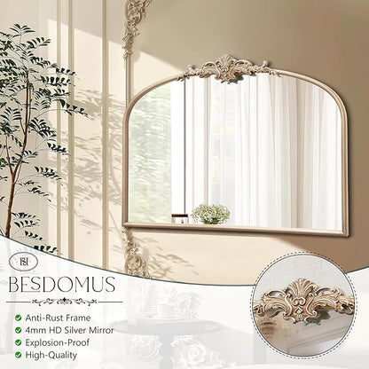 Besdomus Arched Vintage Gold Mirror: 32"x24" French Large Champagne Gold Antique Wall Mounted Mirror - Baroque Traditional Ornate for Fireplace/Bathroom/Living Room - Wall Decor for Fashion-Conscious