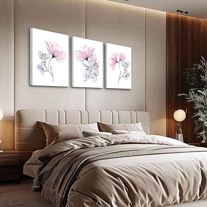 3 Piece Modern pink red Flowers Canvas Wall Art for Bedroom Living Room decor,Bathroom Wall Decor,3 Panels framed Wall Watercolor Painting Kitchen Home Decoration Canvas Print Artwork Wall Mural