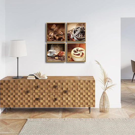 Wieco Art Framed 4 Panels Canvas Wall Art Coffee Bean Kitchen Canvas Prints Wall Art for Living Room Decor Bedroom Home Bathroom Wall Decor