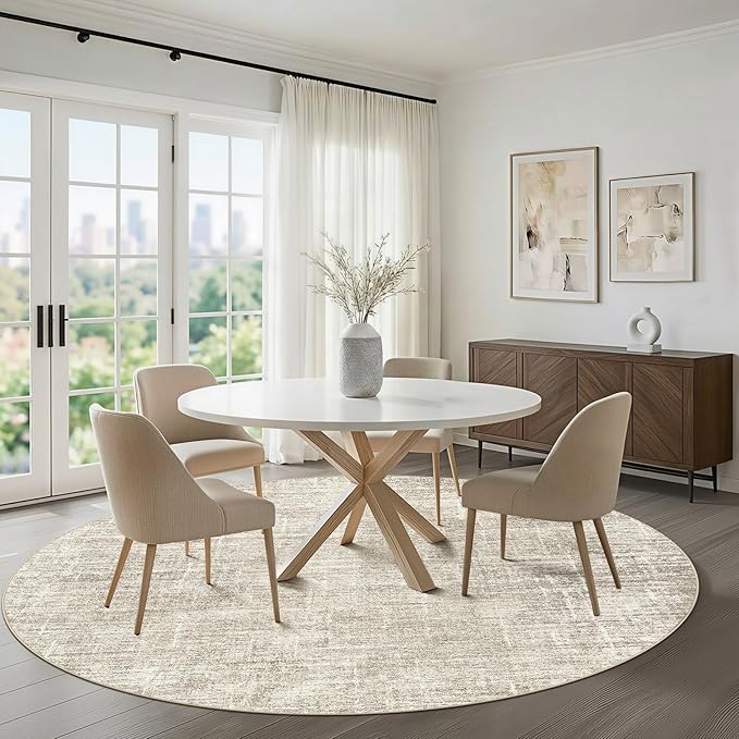 7ft Round Rug Living Room: 7x7 Washable Large Neutral Brown Circle Area Rug Abstract Soft Modern Stain Resistant Indoor Floor Non-Slip Carpet for Bedroom Nursery Kids Office Playroom Dining Room