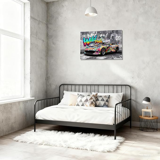 12x16 Modern Graffiti Sports Racing Car Canvas Wall Art Framed Urban Street Painting Car Poster for Teen Boys Room Pop Funny Home Decor Kids Bedroom Cool Posters Living Room Prints