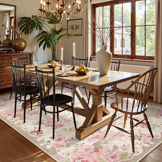 Lahome Floral Washable Rugs 5x7,Rugs for Living Room Pink Area Rug,Vintage Rugs for Bedroom Girls Non Slip Low Pile Ultra-Thin Large Carpet for Office Dining Room,Kids Playroom Nina (5'X7',Beige)