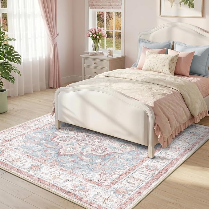 CAPALOCA Machine Washable Rugs Nursery Rug Sq5ft Cute Girl Non Slip Low Pile Water Repellent Soft Print Pattern for Bedroom Indoor Decor Kids Playroom Pink Blue