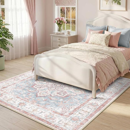 CAPALOCA Machine Washable Rugs Nursery Rug Sq4ft Cute Girl Non Slip Low Pile Water Repellent Soft Print Pattern for Bedroom Indoor Decor Kids Playroom Pink Blue