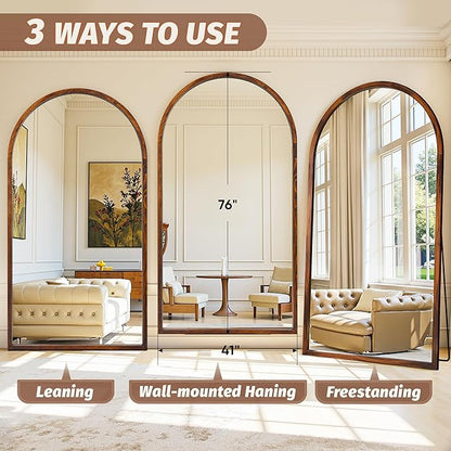 Full Length Mirror 76"×41" Floor Mirror Standing Tall Mirror, Arched Stand up Large Wall Mirrors, Freestanding Full Body Mirrors for Bedroom Living Room Wood Antique Style Walnut