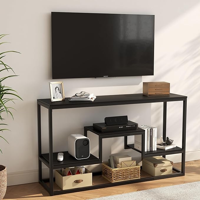 YOUDENOVA TV Stand for TVs up to 55 Inch, TV Console Table with 3-Tier Open Storage Shelves, Modern Industrial Entertainment Center for Living Room, Bedroom, Black