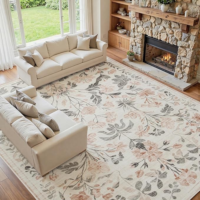 10x14 Area Rugs Washable Rug: Lagre Boho Living Room Rug Soft Non-Slip Thin Carpet Indoor Floor Non-Shedding Neutral Floral Carpets for Bedroom Dining Room Farmhouse Nursery Pink