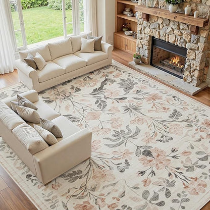 10x14 Area Rugs Washable Rug: Lagre Boho Living Room Rug Soft Non-Slip Thin Carpet Indoor Floor Non-Shedding Neutral Floral Carpets for Bedroom Dining Room Farmhouse Nursery Pink