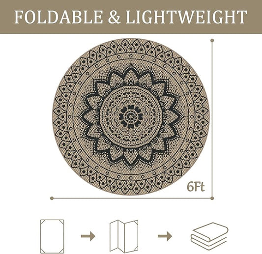 Easy Jute Outdoor Round Rug, 6ft Washable Indoor Outdoor Patio Rug, Black Non Slip Round Area Rug Farmhouse, Boho Carpet for Backyard Patio