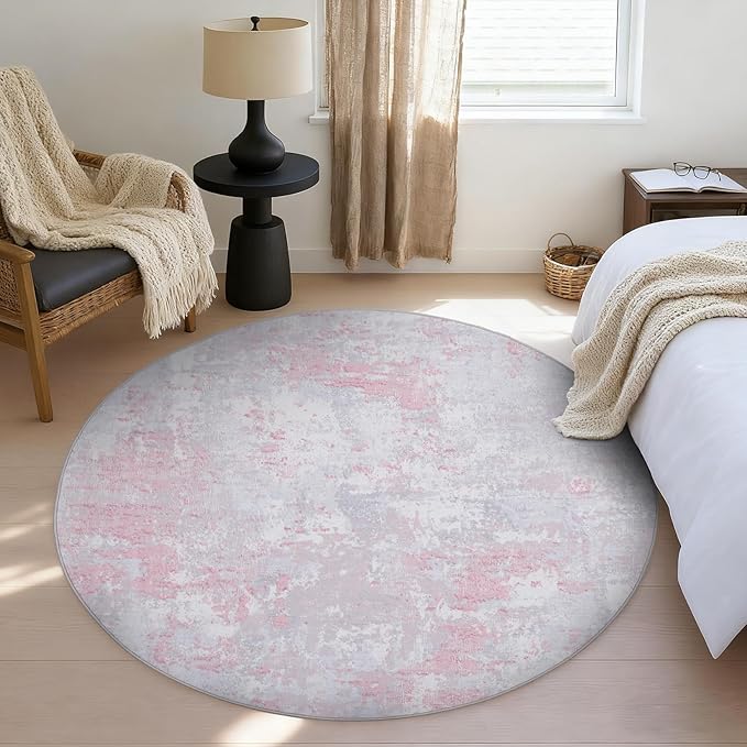 ROYHOME Modern Abstract 6x6 Round Area Rug Non Slip Non Shedding Rug Low Pile Stain Resistant for Bedroom Living Room Office Dining Room,Grey Pink
