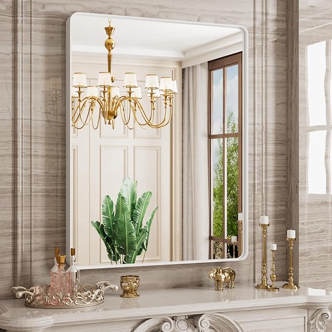 JISOSO White Bathroom Mirror 28x36 Inch, White Metal Framed Bathroom Mirror for Wall, Rounded Rectangle Matte Bathroom Vanity Mirror, Tempered Glass, Anti-Rust, Horizontal/Vertical