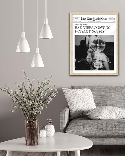 EcoHest Trendy Newspaper Magazine Framed Wall Art, 16x20 in Large OAK Wood Bad Vibes Don't Go With My Outfit Disco Bar Canvas Wall Art, Preppy Retro Home Decor For Bedroom Living Room 1Pack
