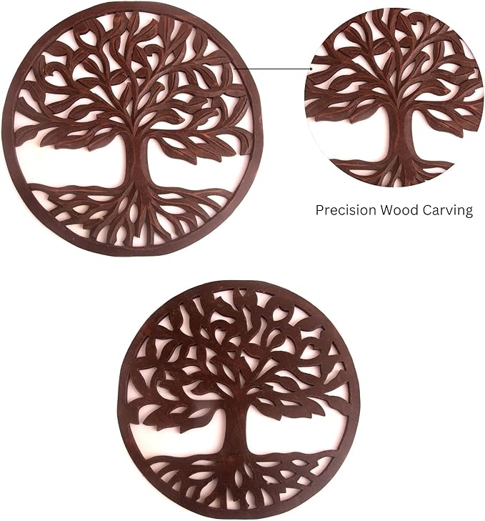 Intricately Handcrafted Decorative Wooden Wall Panel Hanging Sculpture Statue Plaque Art Home Living Room Office Decor Accent Designer Boho Farmhouse Tree Of Life Decor, 12 Inch, Round, Rustic Brown