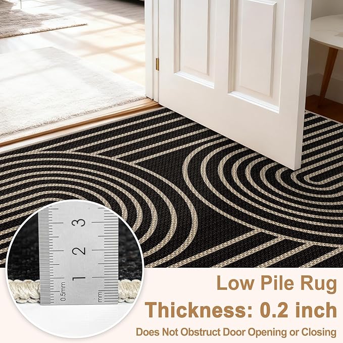 Easy Jute Rugs for Entryway, 3' x 5' Indoor Outdoor Rug, Black Farmhouse Washable Ultra-Thin Non-Slip Area Rug for Foyer, Backdoor, Living Room, Kitchen, Bedroom, Balcony