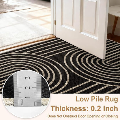Easy Jute Rugs for Entryway, 3' x 5' Indoor Outdoor Rug, Black Farmhouse Washable Ultra-Thin Non-Slip Area Rug for Foyer, Backdoor, Living Room, Kitchen, Bedroom, Balcony