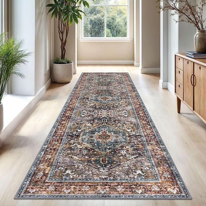 KOZYFLY Area Rug 3x10 Ft Washable Boho Runner Rug for Entryway Hallway Indoor Printed Faux Wool Carpet for Bedroom Kitchen Hall, Brick Red/Orange/Green