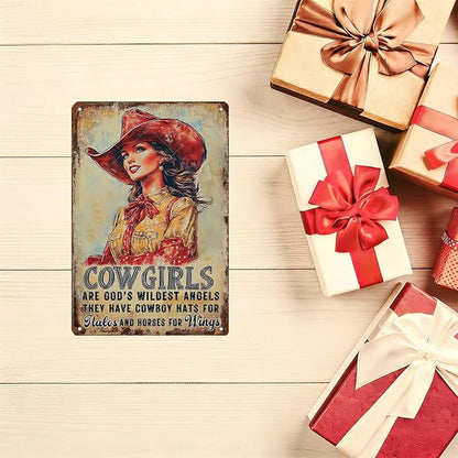 Cowgirl Sign Vintage Metal Tin Sign Cowgirl Are God's Wildest Angels They Have Cowboy Hats for Halos and Horse for Wings Teen Girls Room Decor Wall Art Print 12x8 Inch