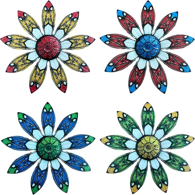 LWINGFLYER 4 Pcs Vintage Metal Wall Decor Butterfly & Flower - Rustic Farmhouse Metal Wall Art for Indoor Bathroom & Outdoor Fence Decoration (Flowers)