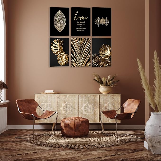 HoozGee Framed Leaf Canvas Wall Art Prints Modern Black and Gold Botanical Tropical Plant Leaf Wall Decor Built-in Wooden Frame Gallery Wall Art Poster for Bedroom Bathroom (24"x36" FRAMED)