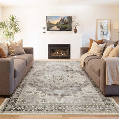 Rugxara 5X7 Washable Area Rug for Living Room, Vintage Large Boho Rugs for Office, Dining Room, Kids Room, Farmhouse, Durable Low Pile Non Slip Carpet for High Traffic Areas, Brown