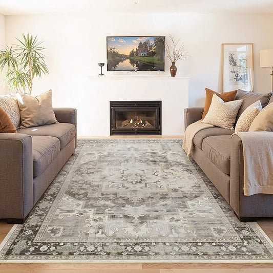 Rugxara 5X7 Washable Area Rug for Living Room, Vintage Large Boho Rugs for Office, Dining Room, Kids Room, Farmhouse, Durable Low Pile Non Slip Carpet for High Traffic Areas, Brown