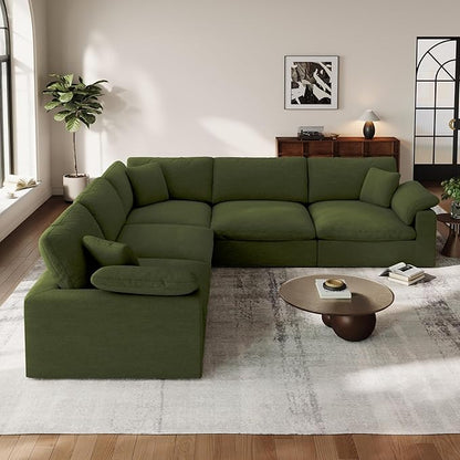 Cloud Modular Couch for Living Room,5 Seat V Shape Linen Blend Sofas,Modern Deep Seat Cloud Sofas,Convertible Comfort Down Filled Sectional Couches,Removable Washable Cushion Covers,Green