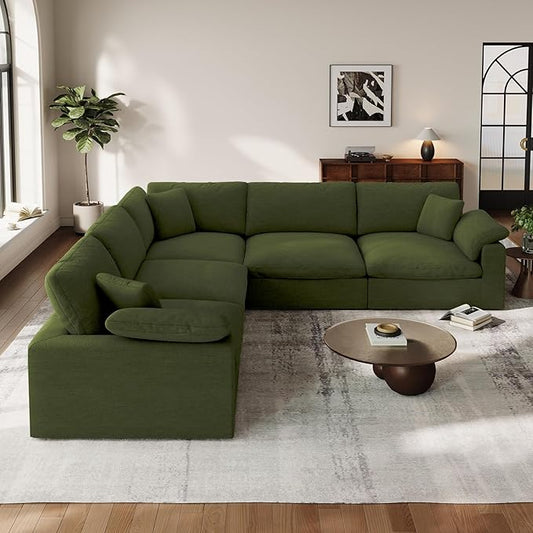 Cloud Modular Couch for Living Room,5 Seat V Shape Linen Blend Sofas,Modern Deep Seat Cloud Sofas,Convertible Comfort Down Filled Sectional Couches,Removable Washable Cushion Covers,Green