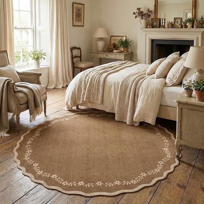 GarveeHome Round Area Rugs 6ft for Bedroom, Solid Brown Washable Circle Rug Soft Non Slip Floral Print Floor Mat Leaves Carpet Indoor Thin Rug for Living Room Dining Room Playroom Nursery