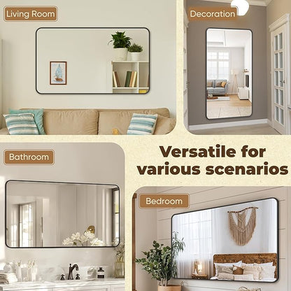 Antok 50x30 Black Metal Framed Bathroom Mirror, Wall Mirror with Round Corners, Vanity Mirror for Over Sink, Anti-Rust Tempered Glass, Horizontal/Vertical Hanging for Bathroom, Living Room, Entryway