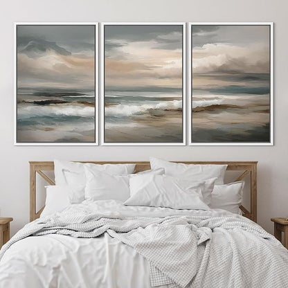 SIGNLEADER Framed Canvas Print Wall Art Set Coastal Ocean Waves Neutral Seascape Abstract Illustrations Modern Art Boho Decorative for Living Room, Bedroom, Office - 24"x36"x3 WHITE