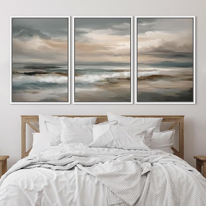 SIGNLEADER Framed Canvas Print Wall Art Set Coastal Ocean Waves Neutral Seascape Abstract Illustrations Modern Art Boho Decorative for Living Room, Bedroom, Office - 16"x24"x3 WHITE
