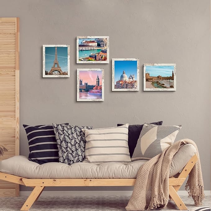 SESEAT 8x10 Picture Frame Set of 10, Display Pictures 5x7 with Mat or 8x10 Prints without Mat, Wall Mounting or Tabletop, Distressed White