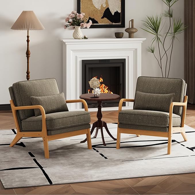 MALOL Accent Chair Set of 2 with Solid Wood Frame, Mid-Century Relaxing Armchair Lumbar Pillow& Soft Cushion, Reading Leisure Chair for Living Room, Bedroom, Waiting Room-Green