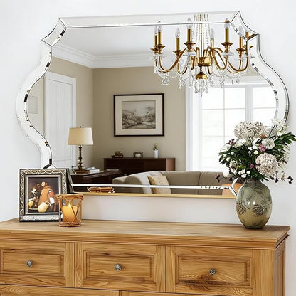 Chende 32"x47" Scalloped Large Wall Mirror for Decor Living Room, Arched Decorative Mirror with Clear Glass Frame and Beveled Edge, Modern Vertical/Horizontal Hanging, Gifts for Girls