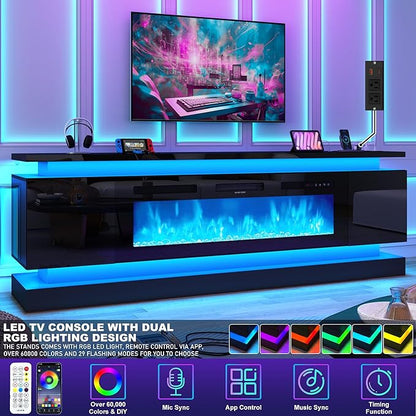 chartustriable 81IN LED TV Stands w/50 inch Fireplace Power Outlet for 90/85/80/75 Inch TVs,High Glossy Modern TV Media Console Gaming with 2 Storage Cabinets,Dual LED Lights,Black