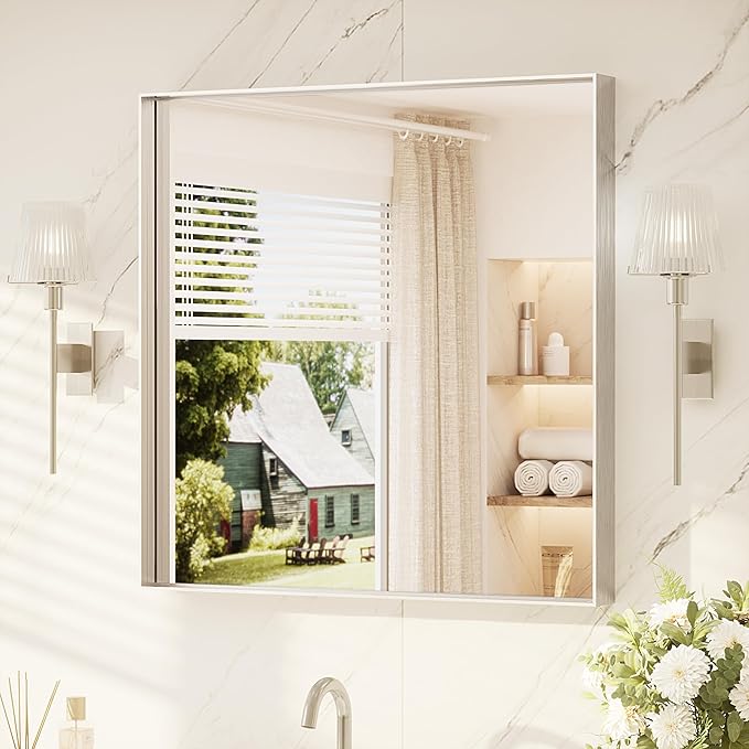 TETOTE Brushed Nickel Bathroom Mirror 30" x 30" Vanity Mirror for Over Sink Brushed Nickel, Tempered Glass, Modern Farmhouse Rectangle Frame Wall Mirrors for Bathroom, Bedroom, Entryway, Living Room