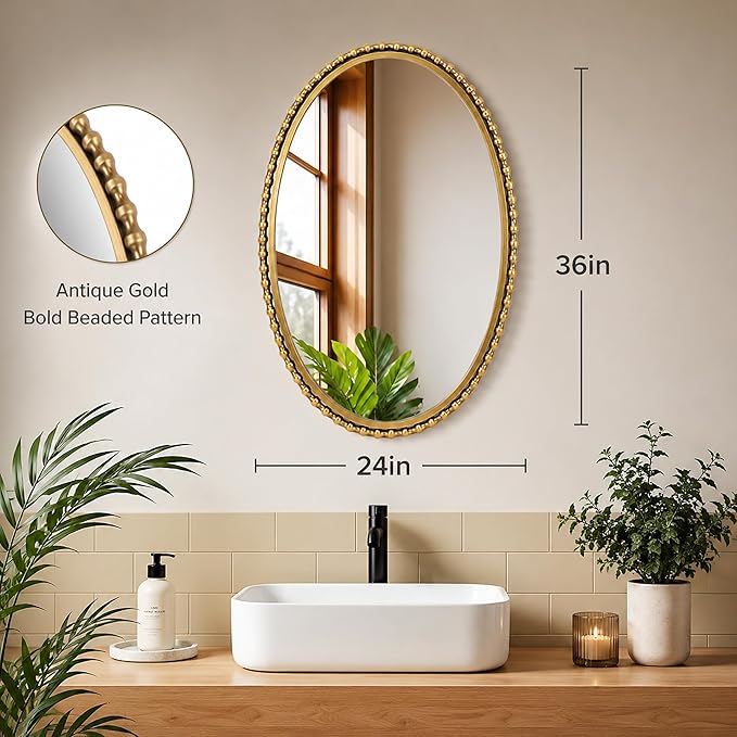 24x36 Inch Oval Wall Mirror with Antique Gold Beaded Frame, Vertical or Horizontal Hanging Vanity Mirror for Bathroom, Powder Room or Bedroom, Decorative Oval Mirror Wall Decor