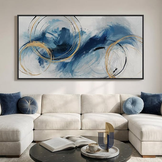 Extra Large Framed Navy Blue Abstract Canvas Wall Art for Living Room, Oversized Minimalist Modern Prints Paintings Artwork for Walls, Horizontal Contemporary Wall Decor for Bedroom Dining Room 36x72