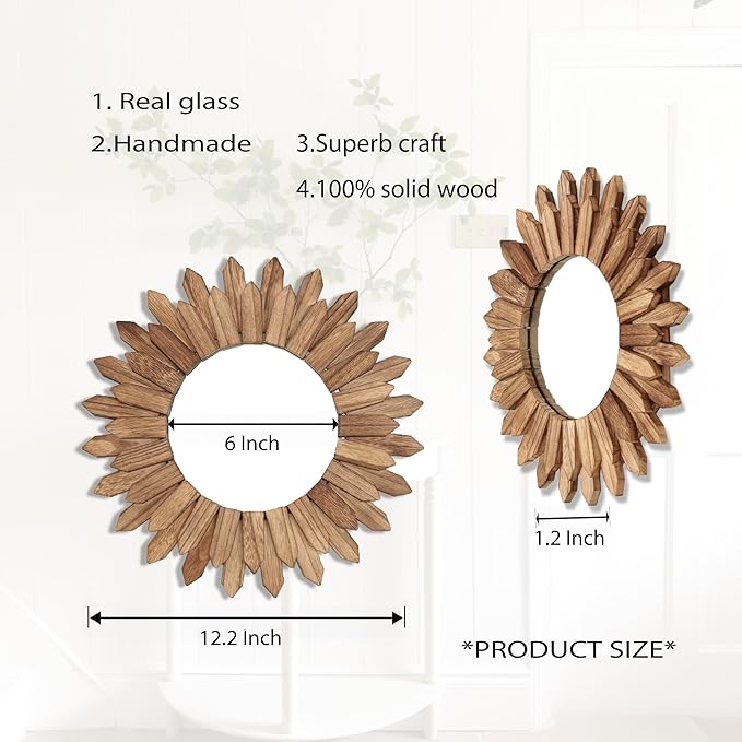 LOSOUR Boho Wall Decor Sunburst Mirror 3 Pack Rustic Round Wood Mirror 12 inch Boho Mirror Home Decor Farmhouse Room Decorations for Bedroom Living Room Entryway