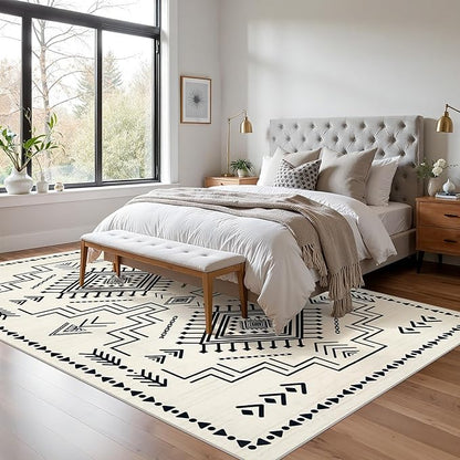 Joydeco 6x9 Moroccan Living Room Rugs, Modern Washable Area Rug for Bedroom, Western Low Pile Non Shedding Distressed Aztec Dining Room, Aztec Soft Non Slip Carpet for Office Home Decor, Ivory