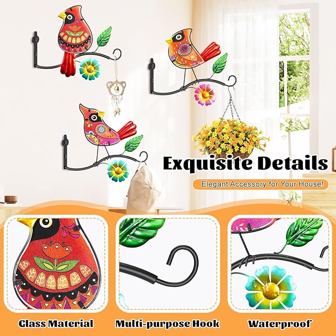 Metal Birds Wall Art Decor with Hanging Hooks, 3D Colorful Bird Outdoor Hanging Wall Art Patio Fence Decorations, Plant Bracket for Planters Wind Chimes Lanterns Garden Patio Decor (Cardinal)
